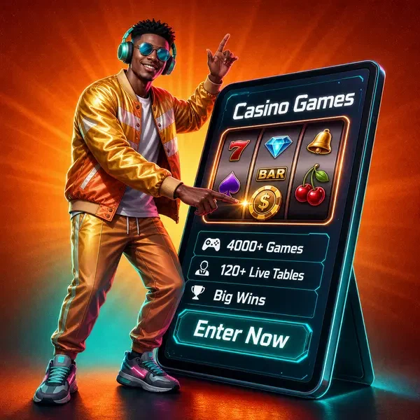 Player exploring 4000+ casino games at SlotsDJ with futuristic tablet interface