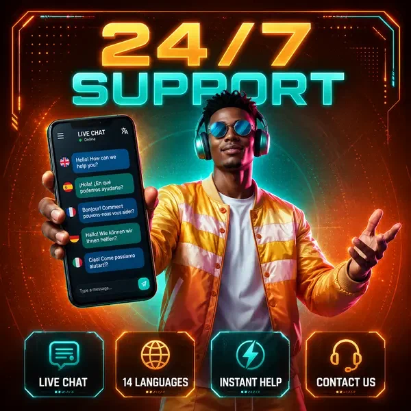 Energetic DJ character showcasing SlotsDJ 24/7 live chat support with smartphone interface