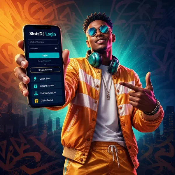 Confident character displaying SlotsDJ login interface on glowing smartphone screen
