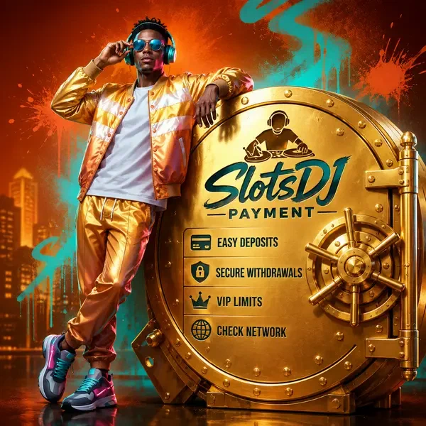 VIP player with golden payment vault at SlotsDJ — secure deposits and withdrawals ready