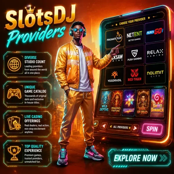 Urban fantasy character gesturing at SlotsDJ slot machine interface with diverse game providers
