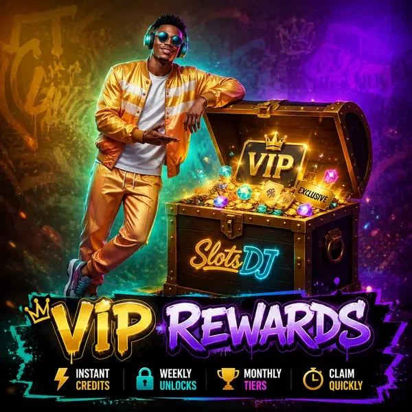VIP player discovering exclusive rewards at SlotsDJ treasure chest filled with instant credits