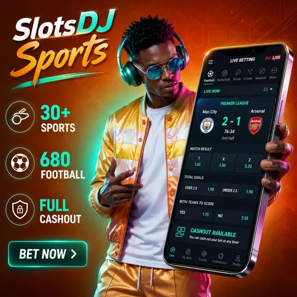 DJ character holding smartphone with sports betting notifications at SlotsDJ Sports interface