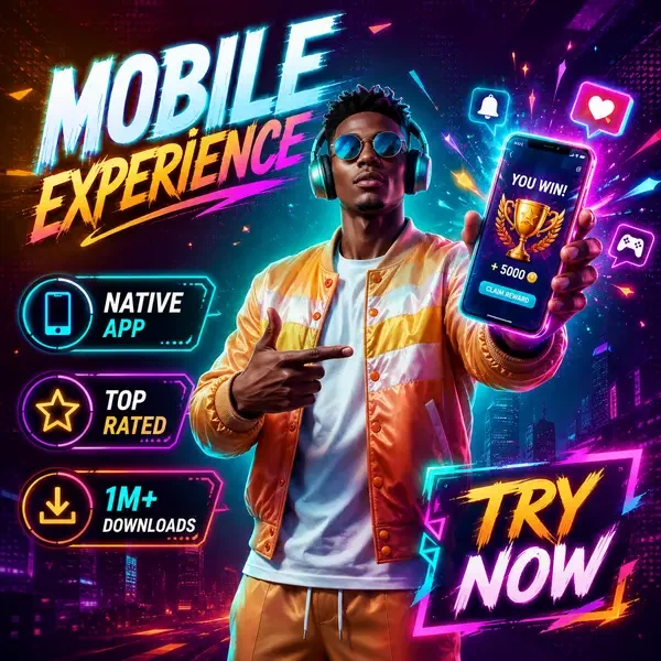 DJ character showcasing SlotsDJ mobile app with vibrant gaming notifications