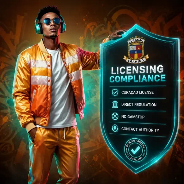 A confident DJ presents SlotsDJ licensing shield ensuring secure gambling compliance